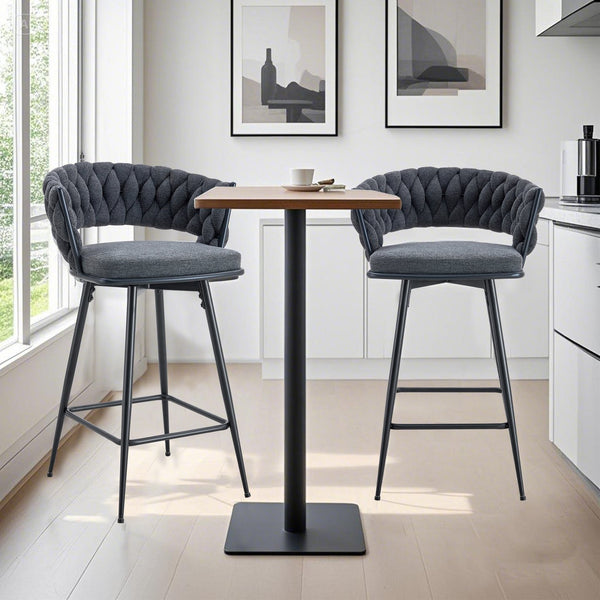 English Elm Two swivel bar stools set with breathable cotton-linen seats, 360° rotation, anti-rust electroplate frame Dark Gray W2920P281918