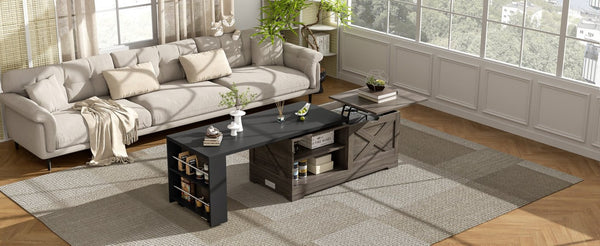 English Elm U-can Farmhouse Lift Top Coffee Table Barn Door Hidden Storage Living Room Brown+Black N724P351732E
