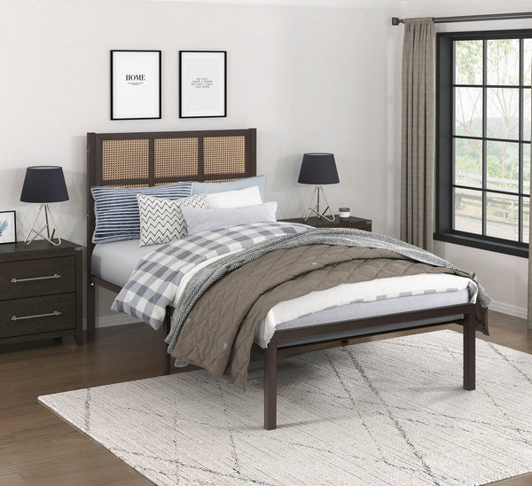 English Elm 1pc Twin Platform Bed with Dark Metal Frame and Faux Cane Panel Headboard, Coastal Casual Design, No Box Spring Needed Bronze 47.25 L x 28 W x 3.75 H B011P214033