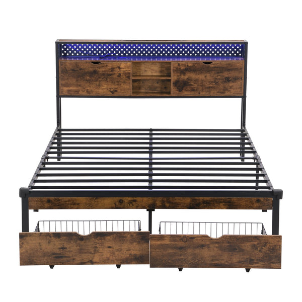 English Elm Queen Metal Platform Bed Frame with Wooden Headboard & Footboard, USB/Outlets, LED Remote, 2 Drawers, 600LB Limit, Black-Brown W2297P236942