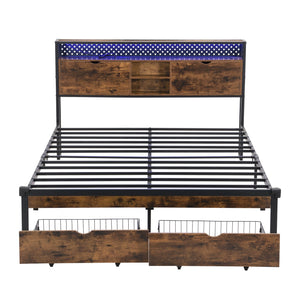 English Elm King Metal Platform Bed Frame with Wooden Headboard & Footboard USB, LED Lights, 2 Drawers Storage W2297P236977