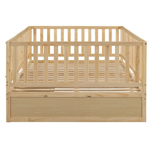 English Elm Full Size Pinewood Kids Daybed with Fence Rails Split Floor Bed and Storage Drawers Natural LP100882AAN