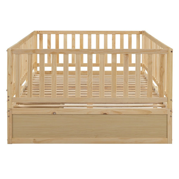 English Elm Full Size Pinewood Kids Daybed with Fence Rails Split Floor Bed and Storage Drawers Natural LP100882AAN
