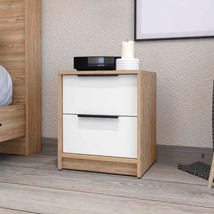 English Elm Washington Nightstand White & Light Oak with Two Large Drawers, Shelf, Metal Pulls, Compact Storage Elegance B128P148839