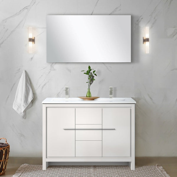 English Elm White Double-Sink Vanity Set With White Quartz Top, Brushed Nickel Faucets & Matching 43" Mirror B2731S01714-GIGA
