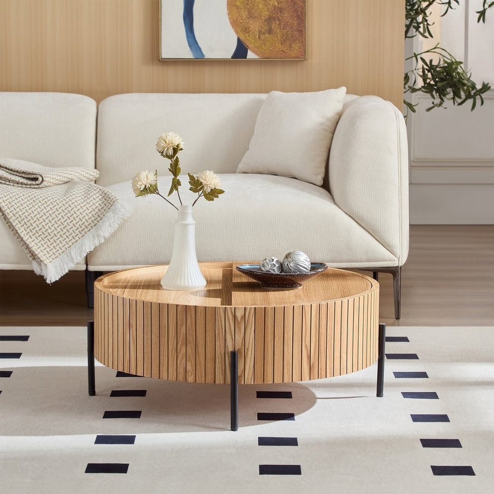 English Elm Round Wood Grain Coffee Table with Rotating Top and Hidden Storage for Modern Living W2085P399025
