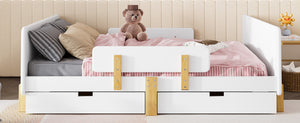 English Elm Twin Low Profile Kids Floor Bed Pine Wood Frame with Safety Rail and Built in Bookshelf Light White W1580P373244