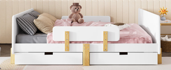 English Elm Twin Low Profile Kids Floor Bed Pine Wood Frame with Safety Rail and Built in Bookshelf Light White W1580P373244