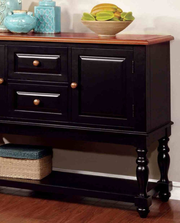 English Elm Black Antique Oak Solid Wood Server with Turned Legs for Farmhouse Dining Rooms B2741P491057