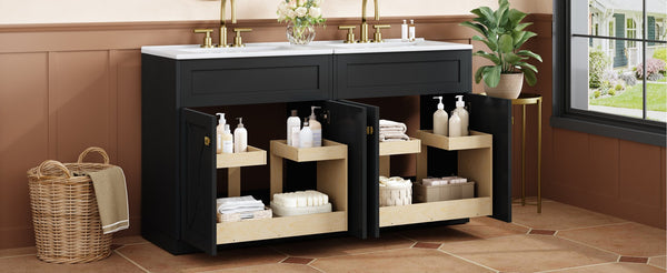 English Elm 60'' Bathroom Vanity Set With Ceramic Sink, Black Freestanding Cabinet, Gold Handles & Soft-Close Doors N710SS00005B