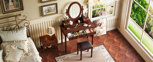 English Elm Vanity Vintage Wooden Makeup Desk with 180° Adjustable Mirror, 5 Velvet‑Lined Drawers & Cushioned Stool Walnut 52.7 L x 22.5 W x 11 H N733P305139D
