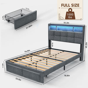 English Elm Full LED Linen Bed Frame with Headboard Storage, 2 Drawers, Fast Charging Ports & Nightlight Ambiance W1550P190364