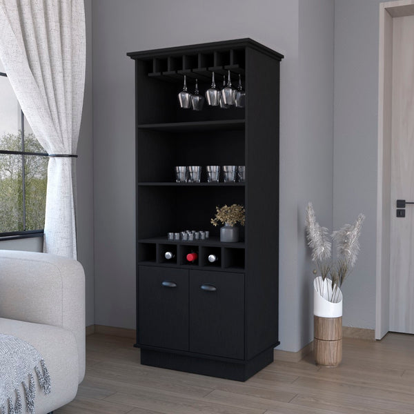 English Elm Fm Furniture Sophia Matte Black Bar Cabinet with Stemware Rack and Bottle Storage B128S00068