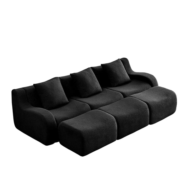English Elm Three-Seat Modular Sofa with Plush Teddy Fabric, No Assembly, Ergonomic Curved Armrests & Non-Slip Base Black W714S01461