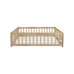 English Elm Queen Rubber Wood Floor Bed with Full Perimeter Safety Fence and Hinged Access Door Natural W504P429341
