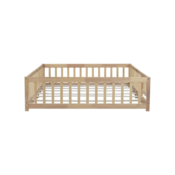 English Elm Queen Rubber Wood Floor Bed with Full Perimeter Safety Fence and Hinged Access Door Natural W504P429341