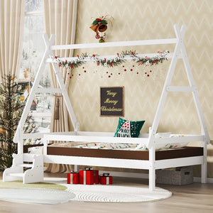 English Elm Twin House Shaped Platform Bed Solid Pine Frame with Built in Stairs for Kids W1580P354718
