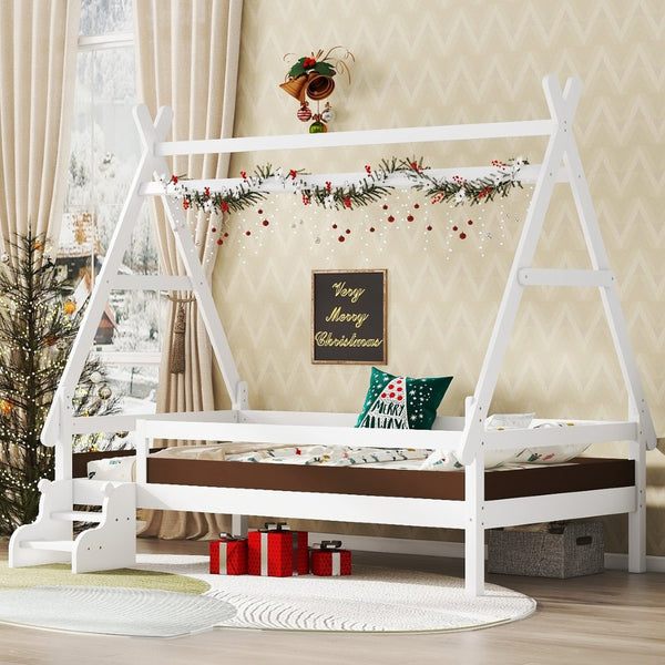 English Elm Twin House Shaped Platform Bed Solid Pine Frame with Built in Stairs for Kids W1580P354718