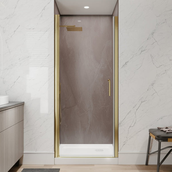 English Elm 32-34 in Frameless Pivot Shower Door Clear Glass Brushed Gold Reversible Bathroom W637P400607
