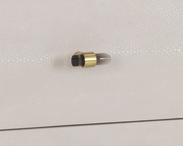 Sunpan Pattinson Desk – Classic White Ceruse Oak with Oyster Shagreen Drawers & Antique Brass Handles