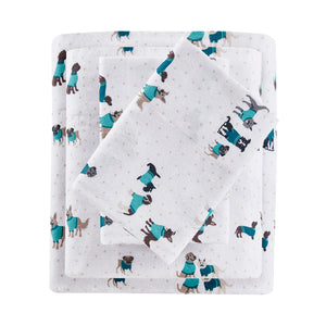 JLA Home Intelligent Design - 100% Cotton flannel sheet set with pigment-dyed vintage color, ultra-soft warmth, breathable comfort Teal Dogs ID20-1756