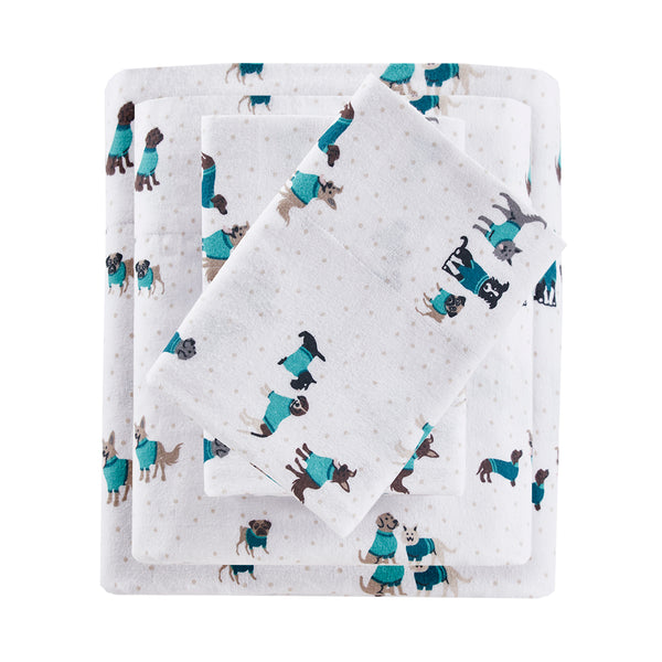 JLA Home Intelligent Design - 100% Cotton Flannel Sheet Set – Ultra-Soft 135gsm Pigment Print for Warmth, Breathable Comfort & Lasting Color Teal Dogs ID20-1753