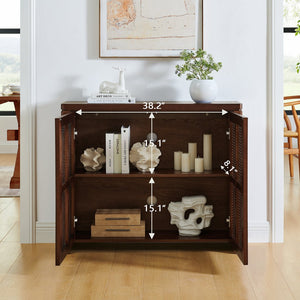 English Elm 39.4" Mid Century Modern Rattan Sideboard Buffet Cabinet with Pop-Up Doors, Charging Holes, Stylish Storage Walnut W1801P362142