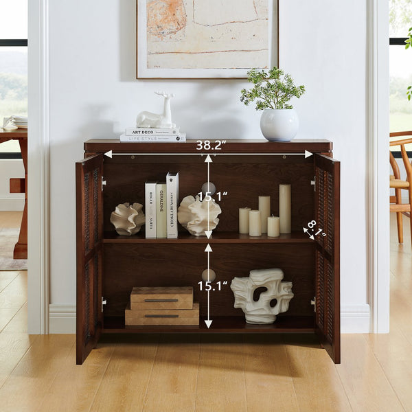 English Elm 39.4" Mid Century Modern Rattan Sideboard Buffet Cabinet with Pop-Up Doors, Charging Holes, Stylish Storage Walnut W1801P362142