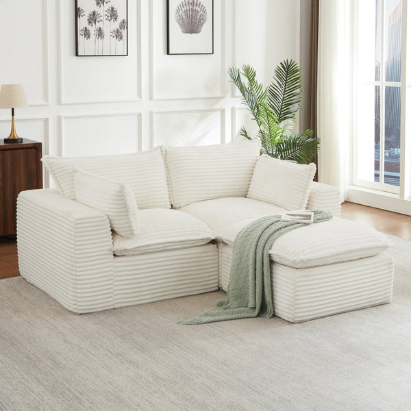 English Elm Loveseat Cloud Couch Corduroy Upholstered Modular Sofa for Relaxed Living Room Lounging White W2339S00143
