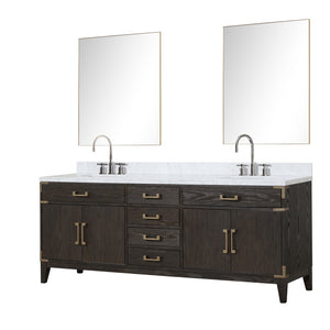 English Elm Brown Oak Double Bath Vanity Set With Carrara Marble Top, Chrome Faucets & 36" Mirrors - Elevate Style! B2731S01878