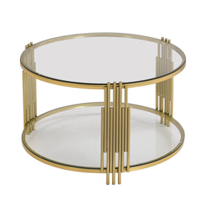 English Elm Modern Glass Coffee Table 31.5" – Asymmetrical Gold Metal Drum Base, Tempered Clear Top & Lower Shelf N735P177478K