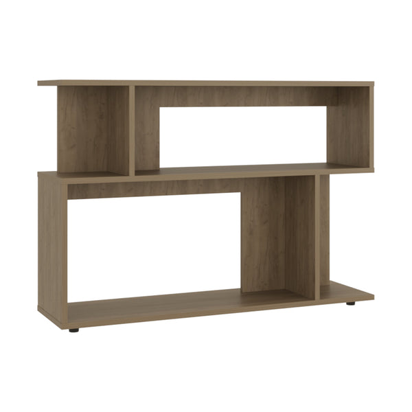 English Elm Asymmetrical Oak Sofa SideTable with Open Shelves & Top Shelf, Modern Engineered Wood Accent Table B200P363787