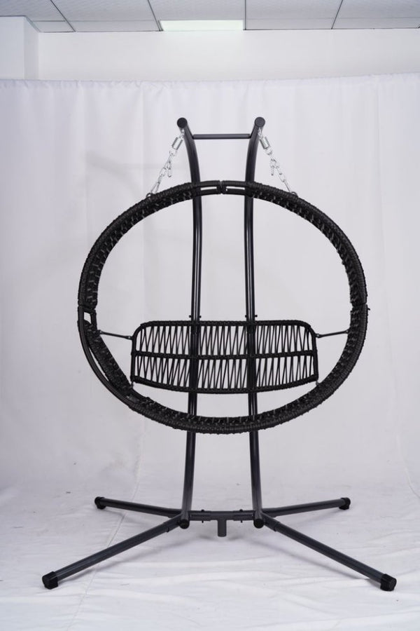 English Elm Double Hanging Egg Chair with Stand, Oversized 2-Person Rattan Swing, Convertible Recline, 700lb Capacity W2500P288856