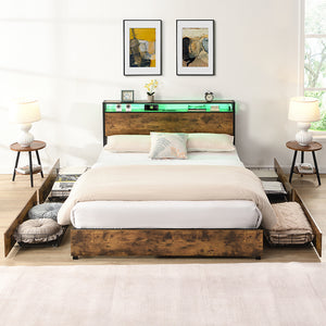 English Elm Full Bed Frame with Storage Headboard, USB Charging, RGB LED Lights, 4 Drawers, Sturdy Metal Design W2129P192350