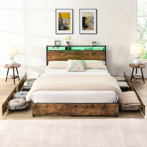 English Elm Full Bed Frame with Storage Headboard, USB Charging, RGB LED Lights, 4 Drawers, Sturdy Metal Design W2129P192350