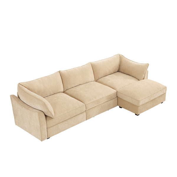 English Elm L-Shaped Modular Sofa With Movable Footstool, Cozy Crescent Armrests, Wheat Chenille Elegance W3041S00176