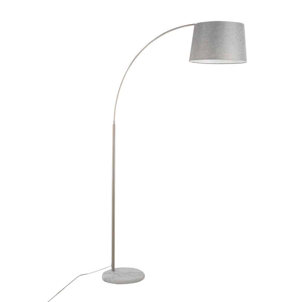 English Elm March Contemporary Floor Lamp - Sleek Nickel Arc With White Marble Base & Grey Linen Shade Design B202S01375