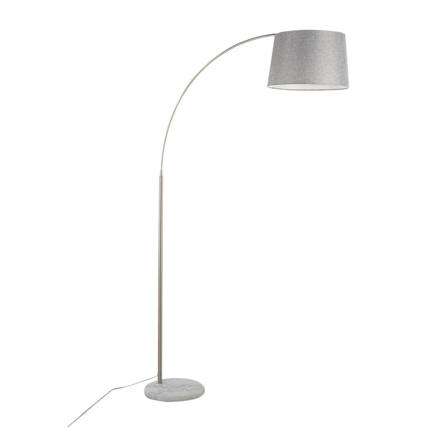 English Elm March Contemporary Floor Lamp - Sleek Nickel Arc With White Marble Base & Grey Linen Shade Design B202S01375