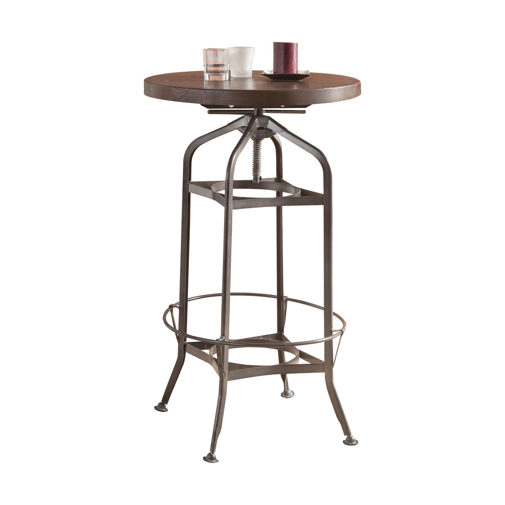 English Elm Kaeso Adjustable Height Bar Table in Walnut with Gunmetal Legs, Round Top & Open Storage Shelf B2726S00025