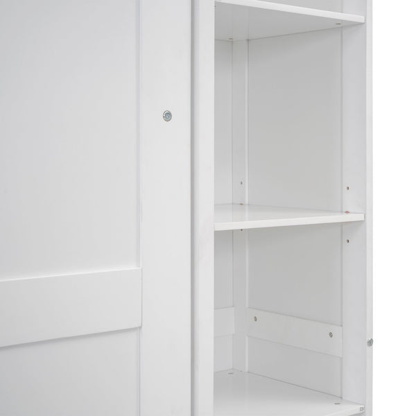 English Elm Full Size Murphy Wall Bed with Led Lighting Side Storage Cabinets and Slatted Support White LP000694AAK-1