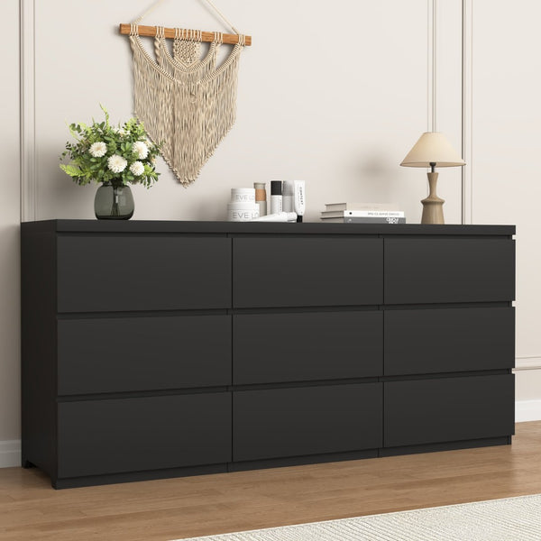 English Elm 9 Drawer Matte Black Dresser Push Open Handleless Design Wide Bedroom Storage Chest W409P334005