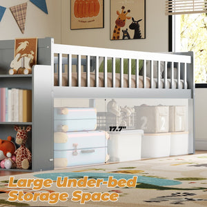 English Elm Twin Platform Kids Bed with Slide Ladder Guardrails Storage Shelf Wood Frame Gray N733S415411E
