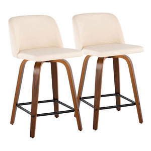 English Elm Toriano 24" Mid-Century Modern Swivel Counter Stool Set Of 2 In Walnut & Cream Faux Leather Comfort B202S00141-GIGA
