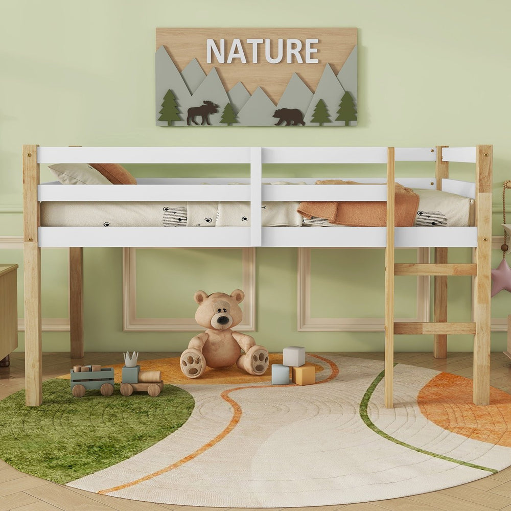 English Elm Solid Twin Loft Bed Natural-White Rubberwood with Ladder, Strengthened Slats, Storage-Ready Design W504P233031