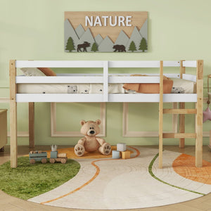 English Elm Solid Twin Loft Bed Natural-White Rubberwood with Ladder, Strengthened Slats, Storage-Ready Design W504P233031