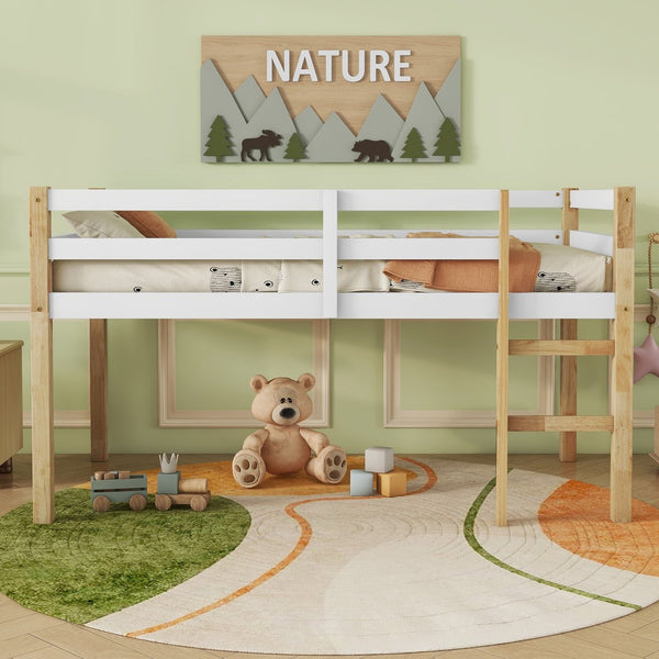 English Elm Solid Twin Loft Bed Natural-White Rubberwood with Ladder, Strengthened Slats, Storage-Ready Design W504P233031