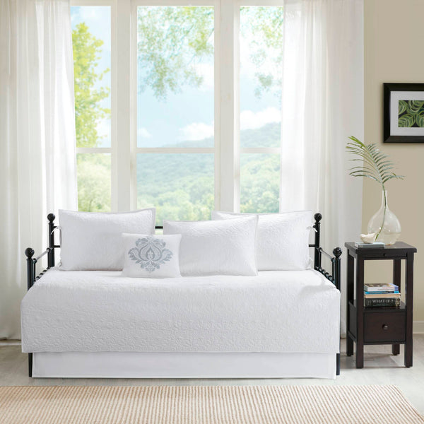 JLA Home Madison Park - 6 Reversible Daybed Cover Set with Antimicrobial Protection, Quilted Texture, Striped Skirt & Pillow White MP13-3980