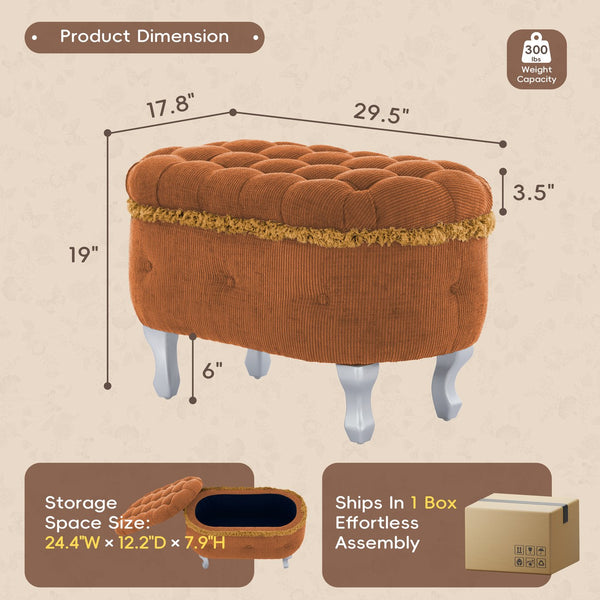 English Elm Christopher Knight Home® - 29.5'' Storage Bench with Button-Tufted Fabric, Tassel-Trim Ottoman with Hidden Compartment for Bedroom Orange 30.25 L x 18.5 W x 14 H N761P335817G