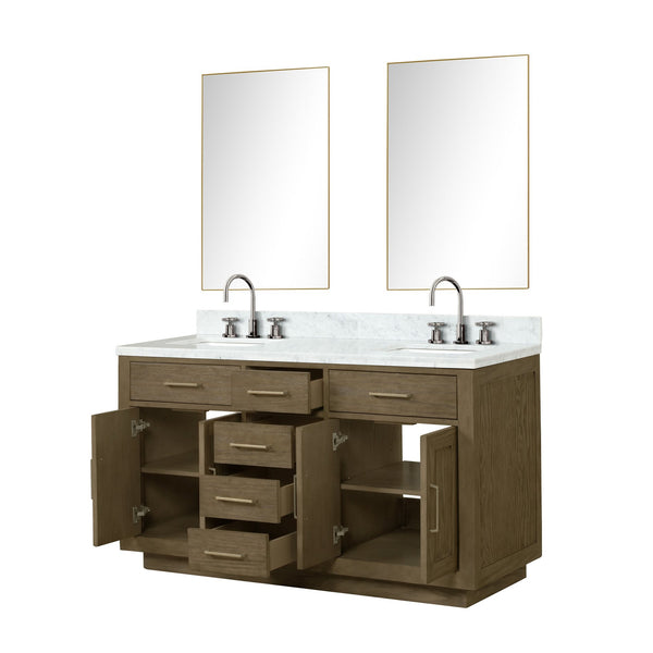 English Elm Grey Oak Double Bath Vanity Set With Carrara Marble Top, Chrome Faucets & 28" Mirrors For Easy Upgrade B2731S01796