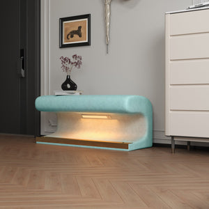 English Elm Entryway Leather Upholstered Bench Ottoman with Motion LED Light, Metal Legs, Modern Minimalist Design Antique blue green W1170P262462
